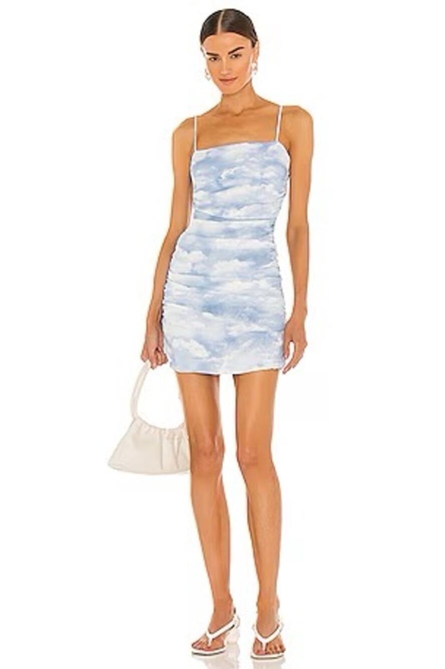 WeWoreWhat Ronnie Dress Cloud White Blue Power Mini Ruched EUC Revolve XS